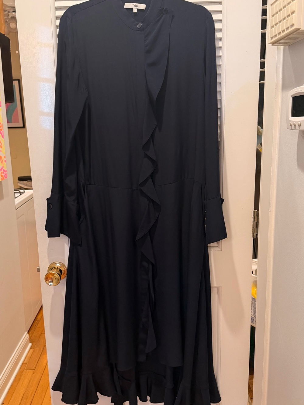 Tibi Navy Ruffle-Trim Long Sleeve Midi Dress size 4